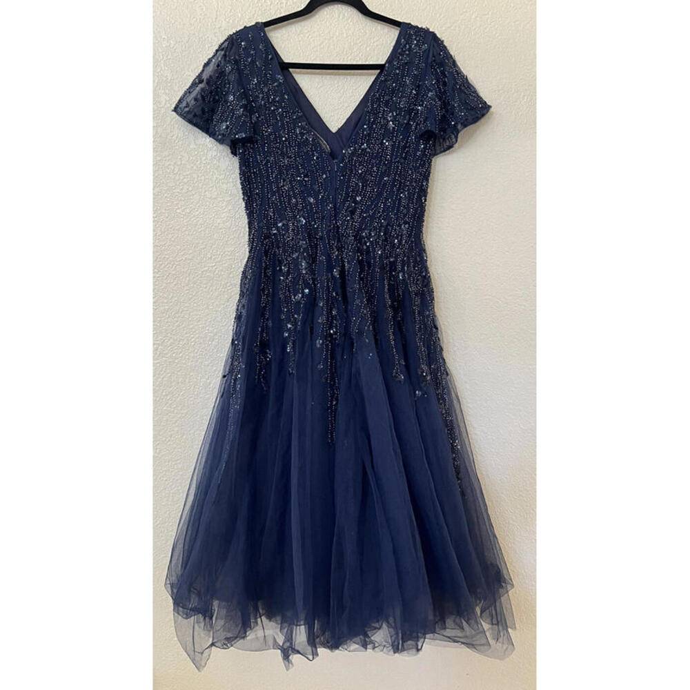 New Mac Duggal EMBELLISHED FLUTTER SLEEVE TEA-LENGTH DRESS In Midnight Sz 6 $598 - Picture 6 of 9